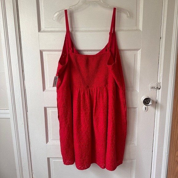 Old Navy Babydoll Mini Dress Embroidered Red Lace Eyelet Smocked Pockets Stretch - Picture 15 of 16